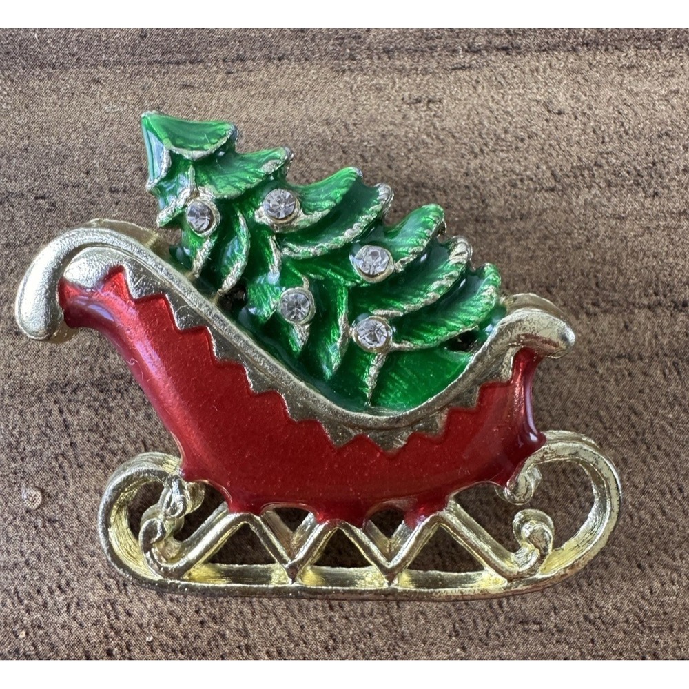 Christmas Tree Sleigh Brooch Red Green Enamel Rhinestone Gold Tone Holiday Pin